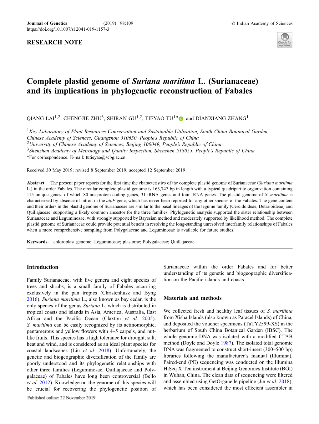 Complete Plastid Genome of Suriana Maritima L. (Surianaceae) and Its Implications in Phylogenetic Reconstruction of Fabales