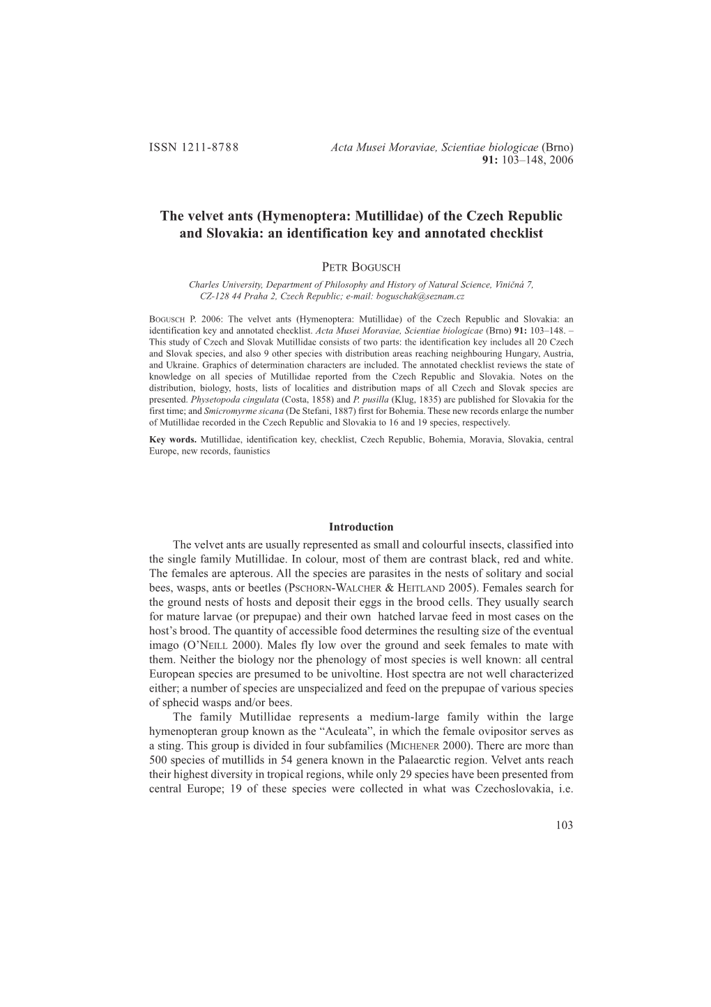 The Velvet Ants (Hymenoptera: Mutillidae) of the Czech Republic and Slovakia: an Identification Key and Annotated Checklist