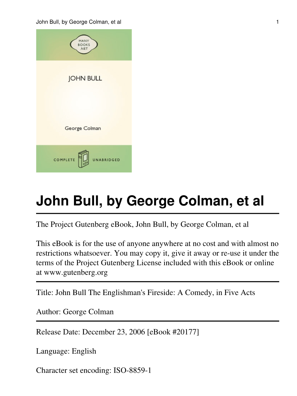 John Bull, by George Colman, Et Al 1