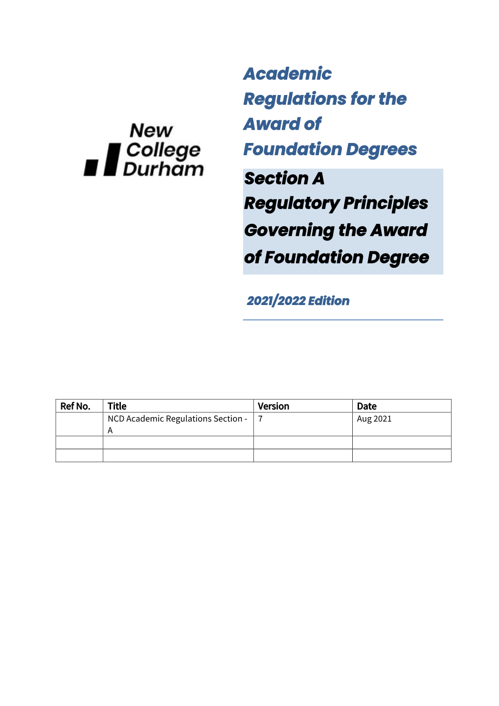 Academic Regulations for the Awards of Foundation Degree Section A