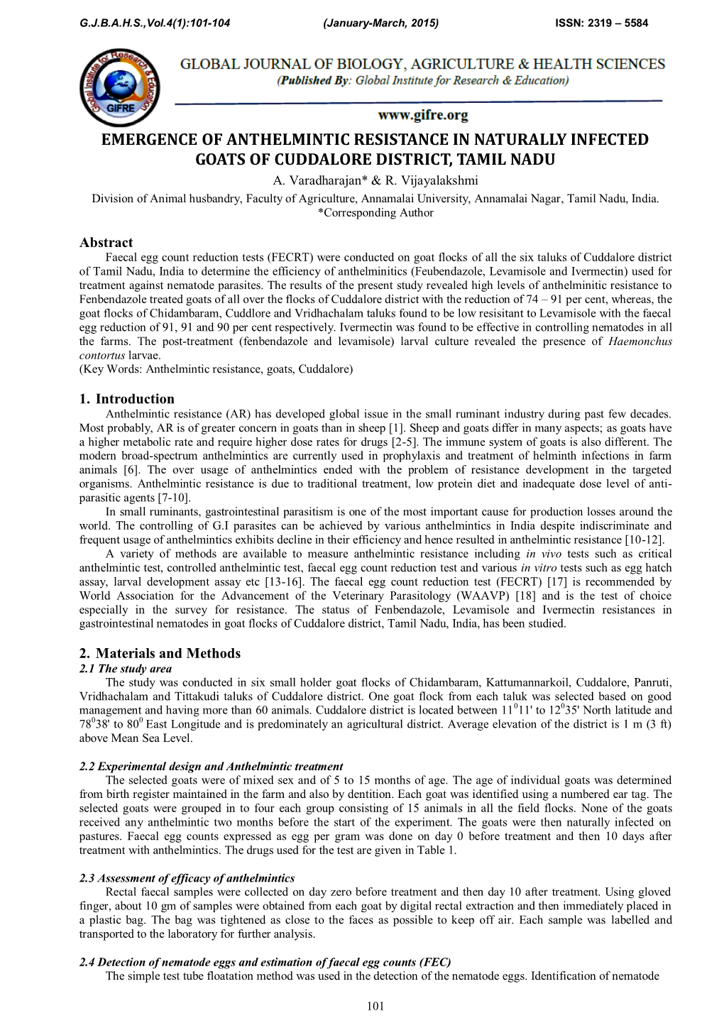 Emergence of Anthelmintic Resistance in Naturally Infected Goats of Cuddalore District, Tamil Nadu A