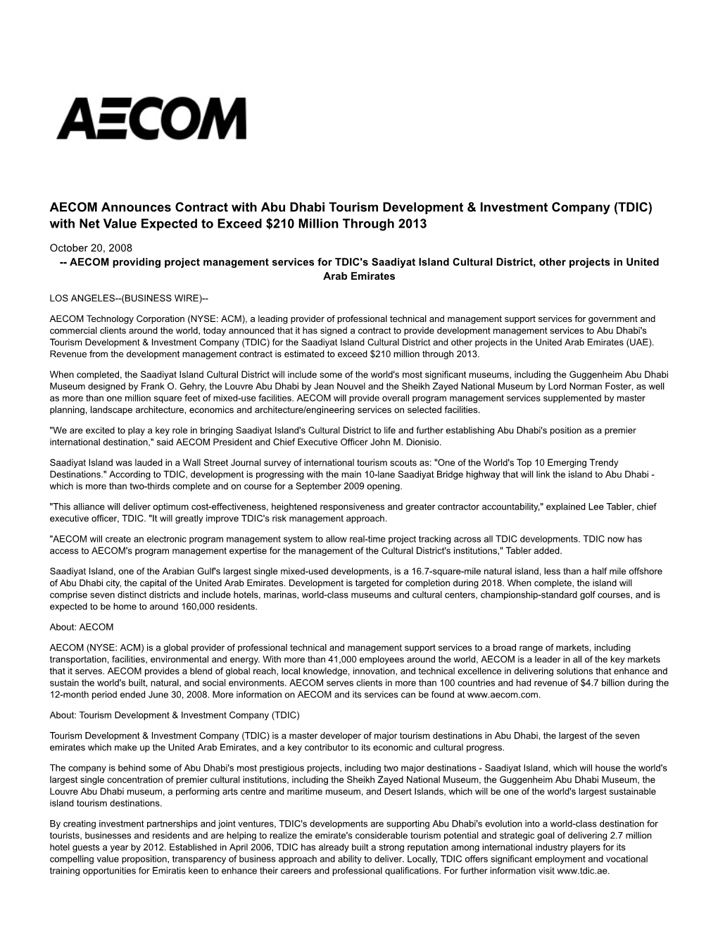 AECOM Announces Contract with Abu Dhabi Tourism Development & Investment Company (TDIC) with Net Value Expected to Exceed $210 Million Through 2013