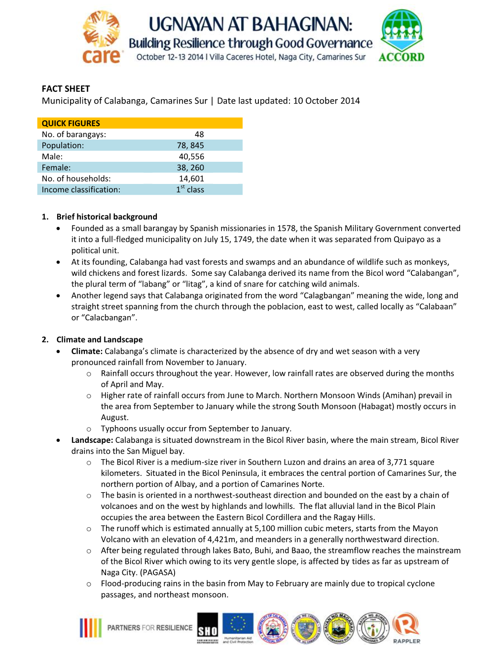 FACT SHEET Municipality of Calabanga, Camarines Sur | Date Last Updated: 10 October 2014