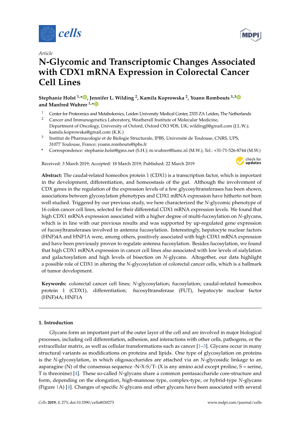 N-Glycomic and Transcriptomic Changes Associated with CDX1 Mrna Expression in Colorectal Cancer Cell Lines