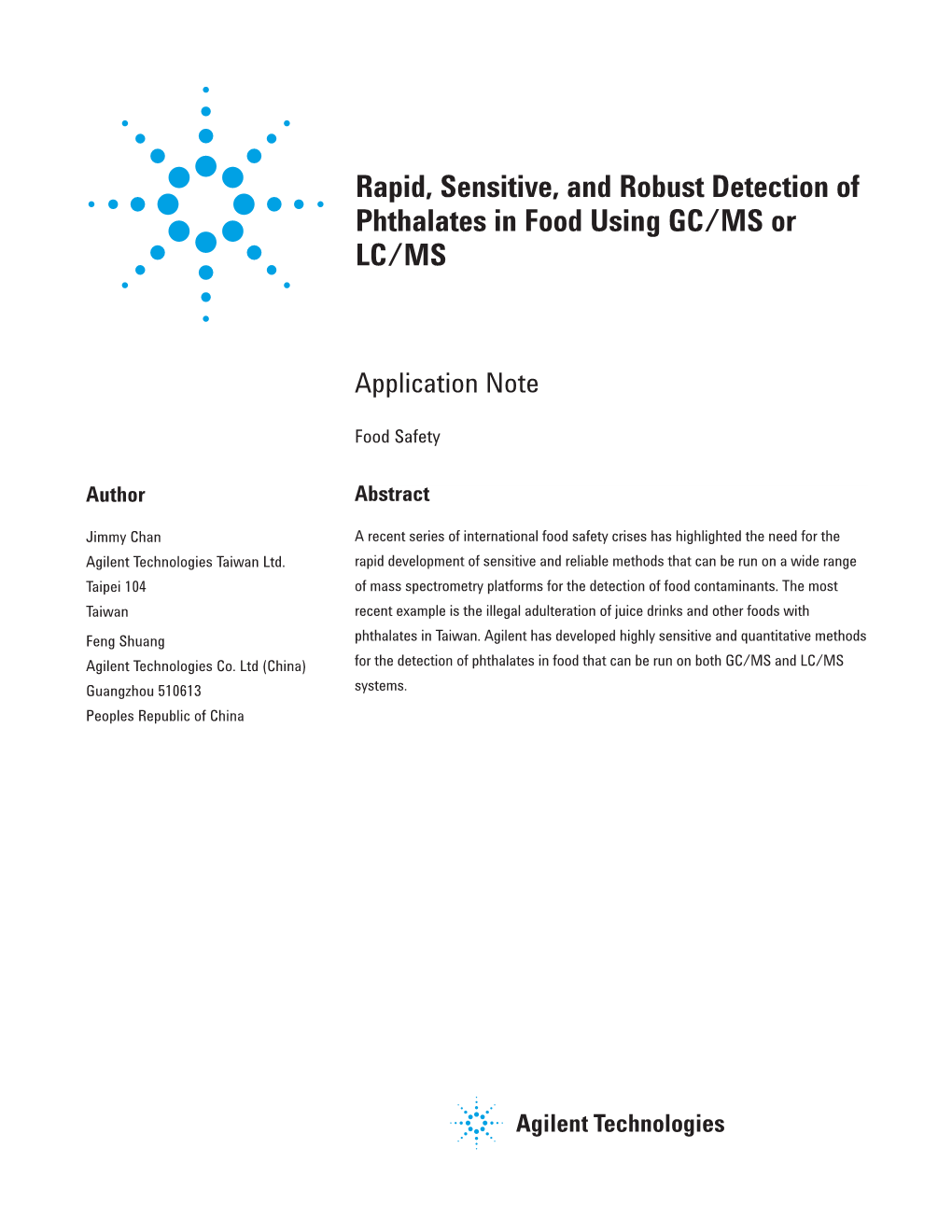 Rapid, Sensitive, and Robust Detection of Phthalates in Food Using GC/MS Or LC/MS