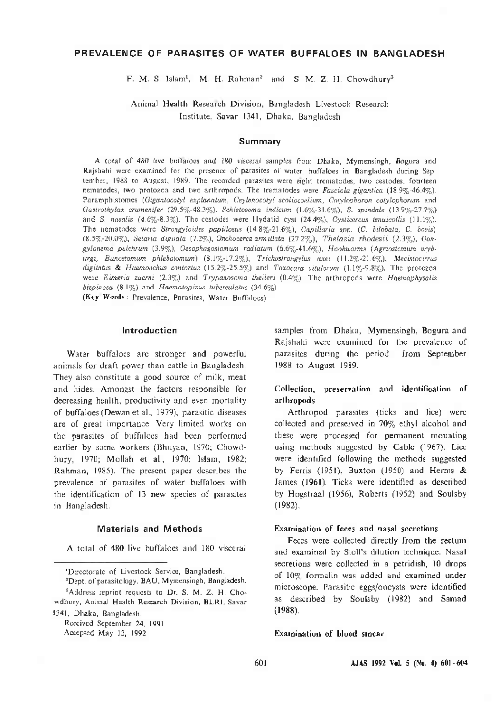 Prevalence of Parasites of Water Buffaloes in Bangladesh