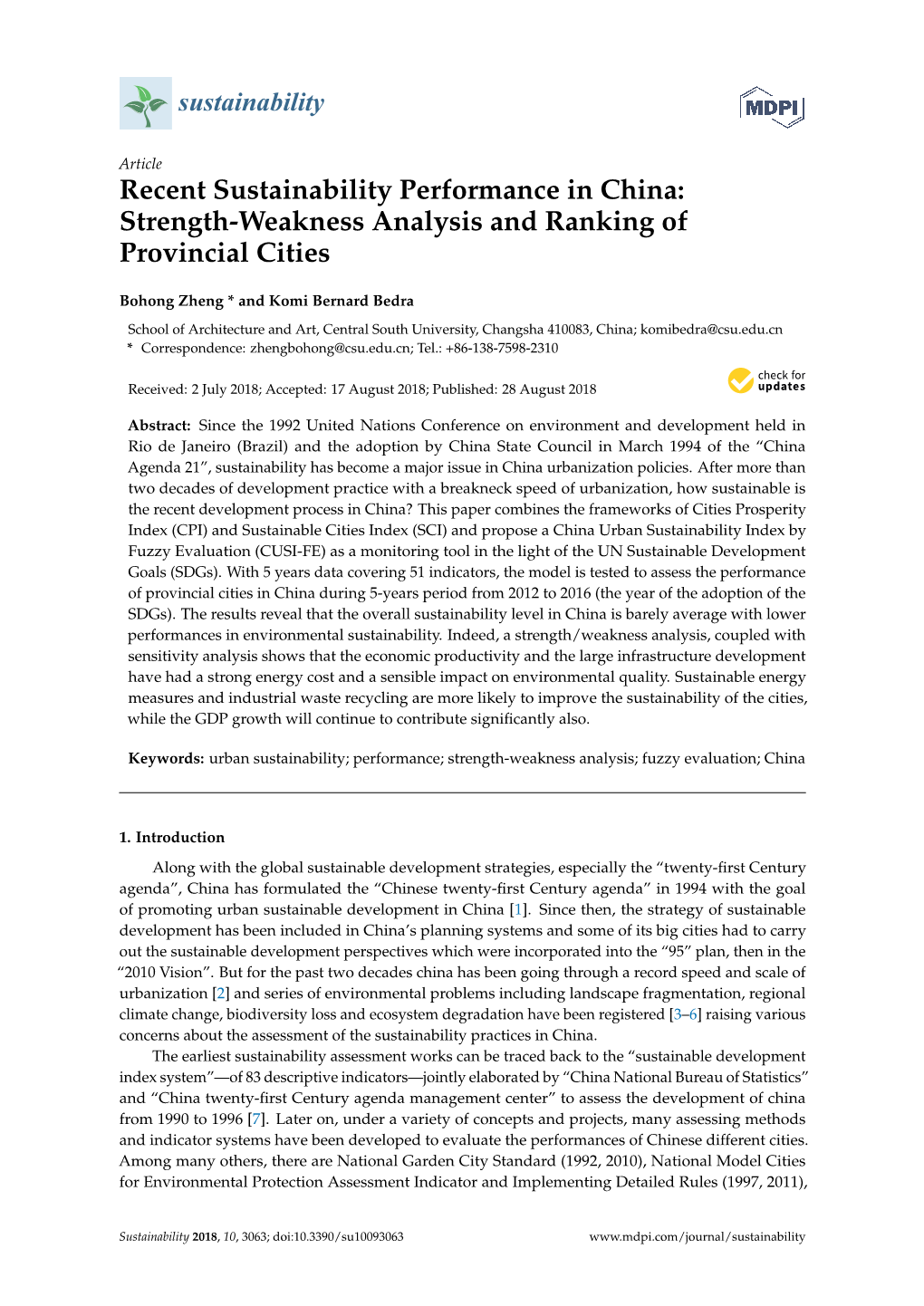 Recent Sustainability Performance in China: Strength-Weakness Analysis and Ranking of Provincial Cities