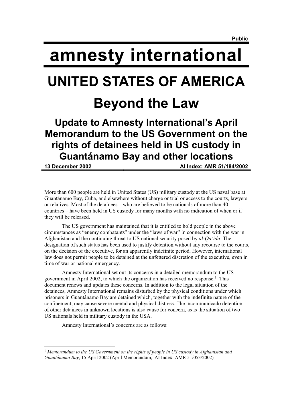 Update to Amnesty International's April Memorandum to the US