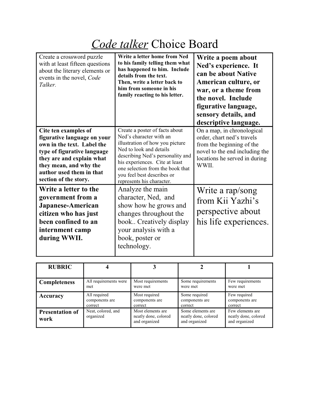 Code Talker Choice Board