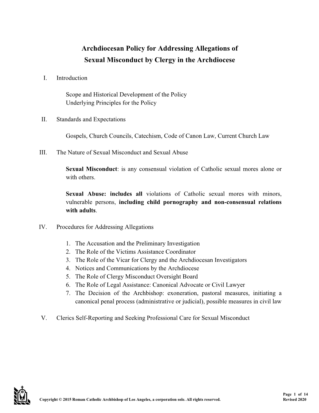 Archdiocesan Policy for Addressing Allegations of Sexual Misconduct by Clergy in the Archdiocese