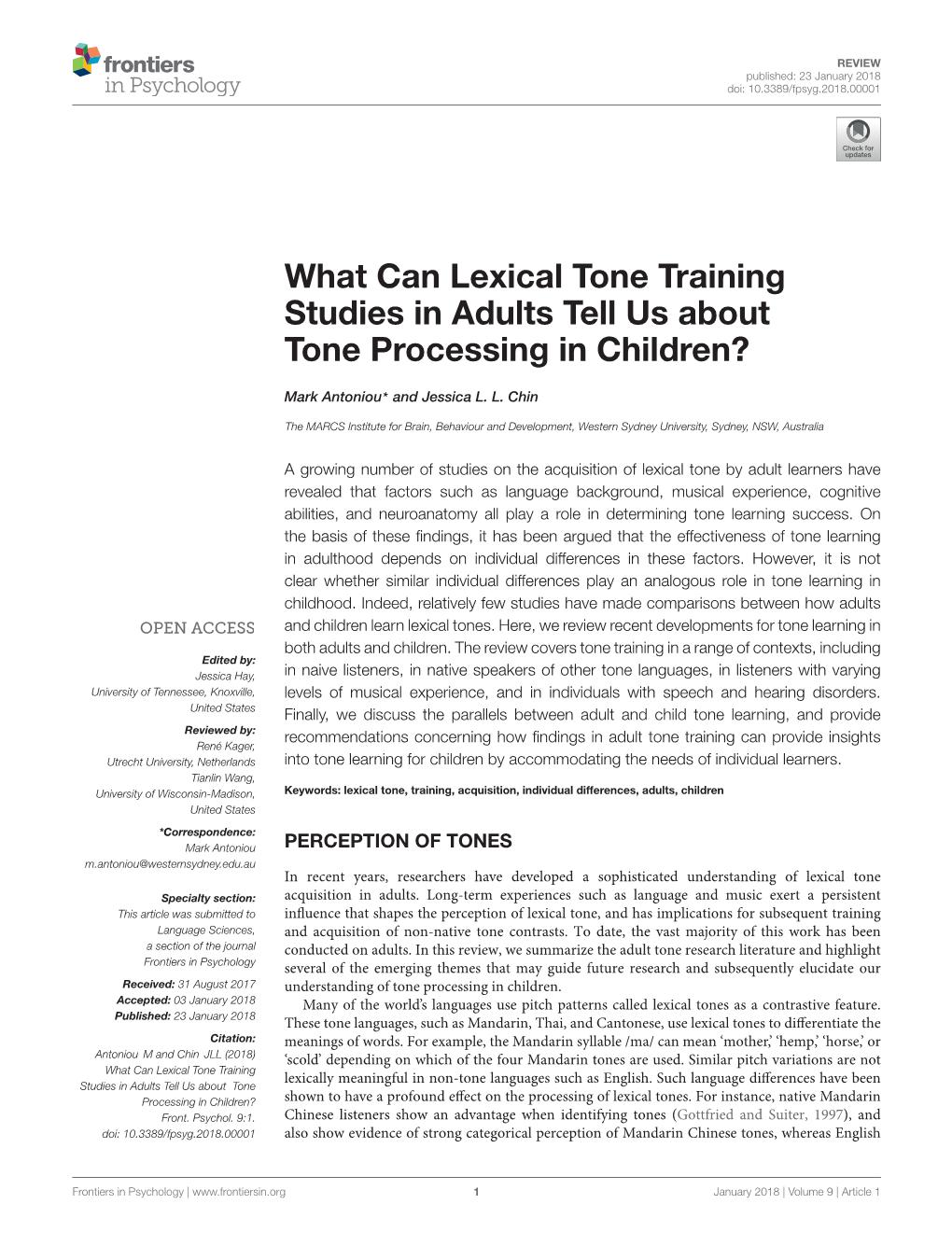 What Can Lexical Tone Training Studies in Adults Tell Us About Tone Processing in Children?