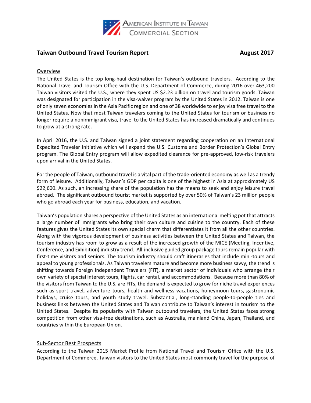 Taiwan Outbound Travel Tourism Report August 2017