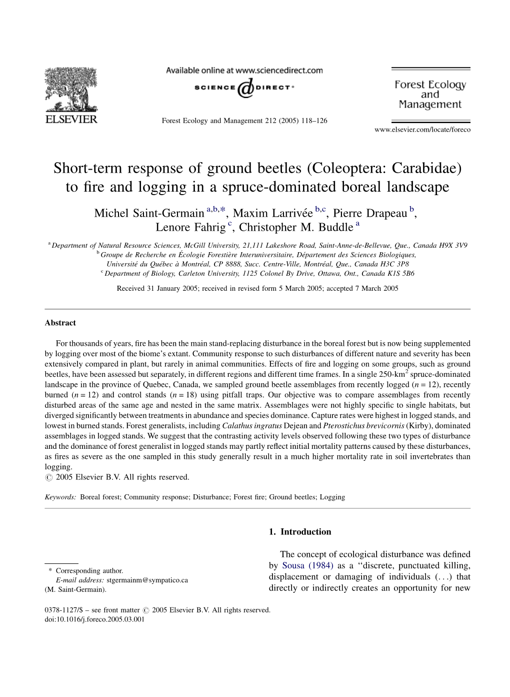 Coleoptera: Carabidae) to ﬁre and Logging in a Spruce-Dominated Boreal Landscape