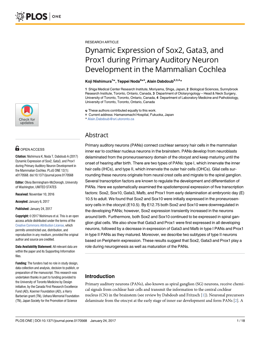 Dynamic Expression of Sox2, Gata3, and Prox1 During Primary Auditory Neuron Development in the Mammalian Cochlea