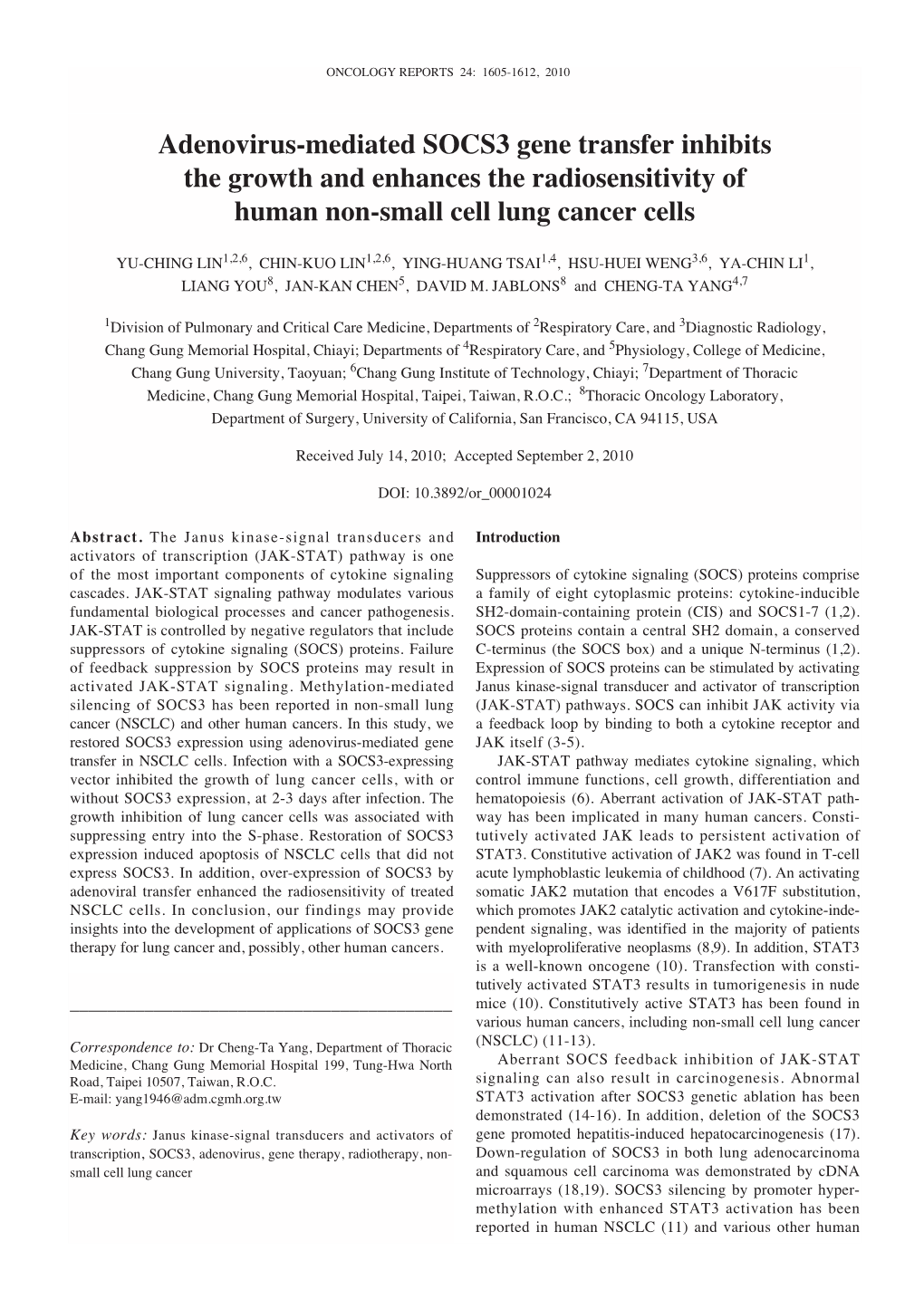 Adenovirus-Mediated SOCS3 Gene Transfer Inhibits the Growth and Enhances the Radiosensitivity of Human Non-Small Cell Lung Cancer Cells