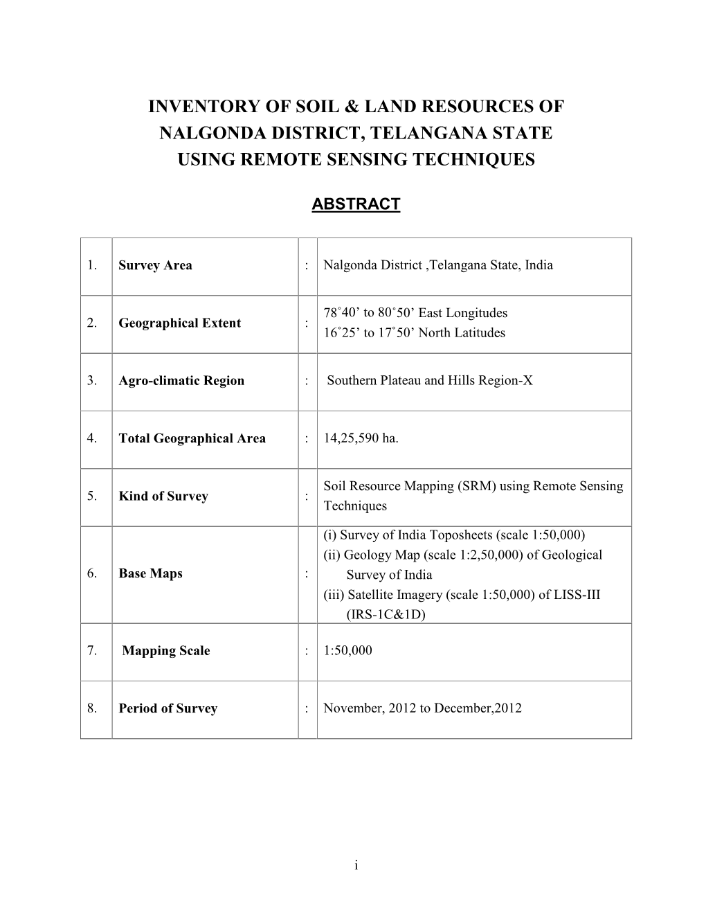 Inventory of Soil & Land Resources of Nalgonda District, Telangana State