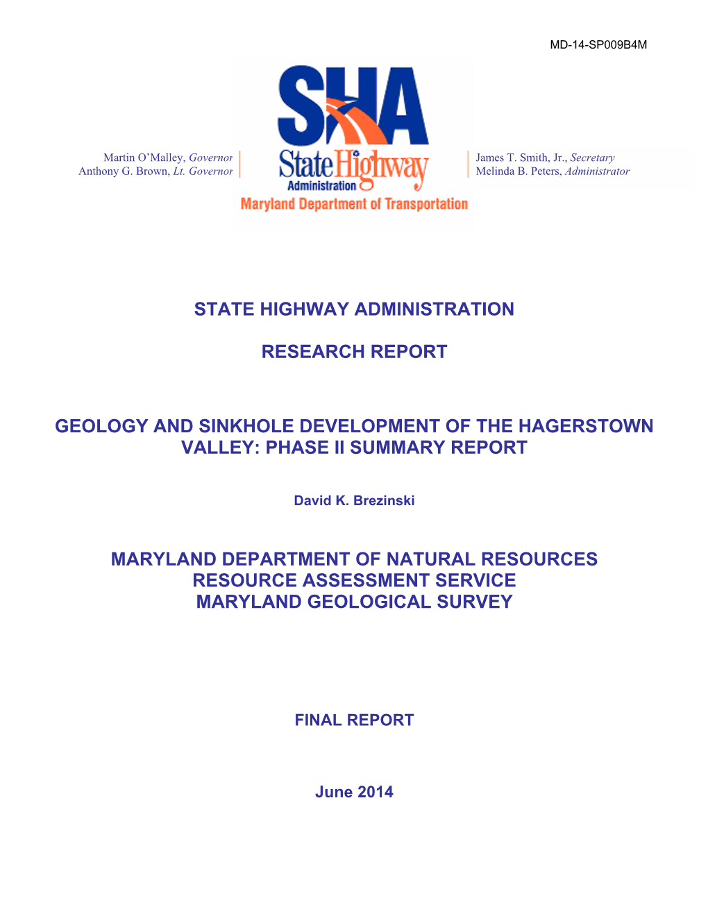 Geology and Sinkhole Development of the Hagerstown Valley: Phase Ii Summary Report