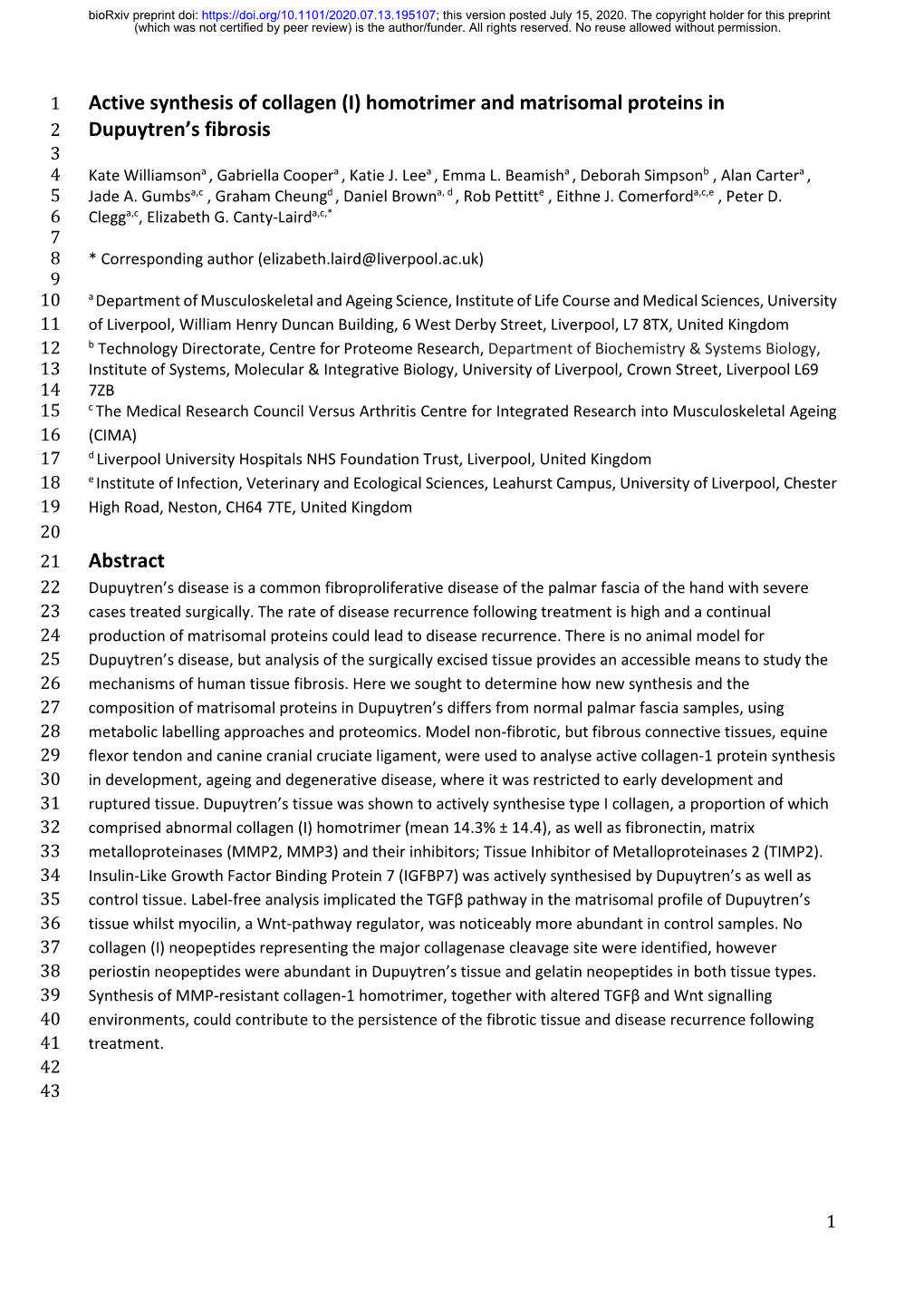 (I) Homotrimer and Matrisomal Proteins in Dupuytren's