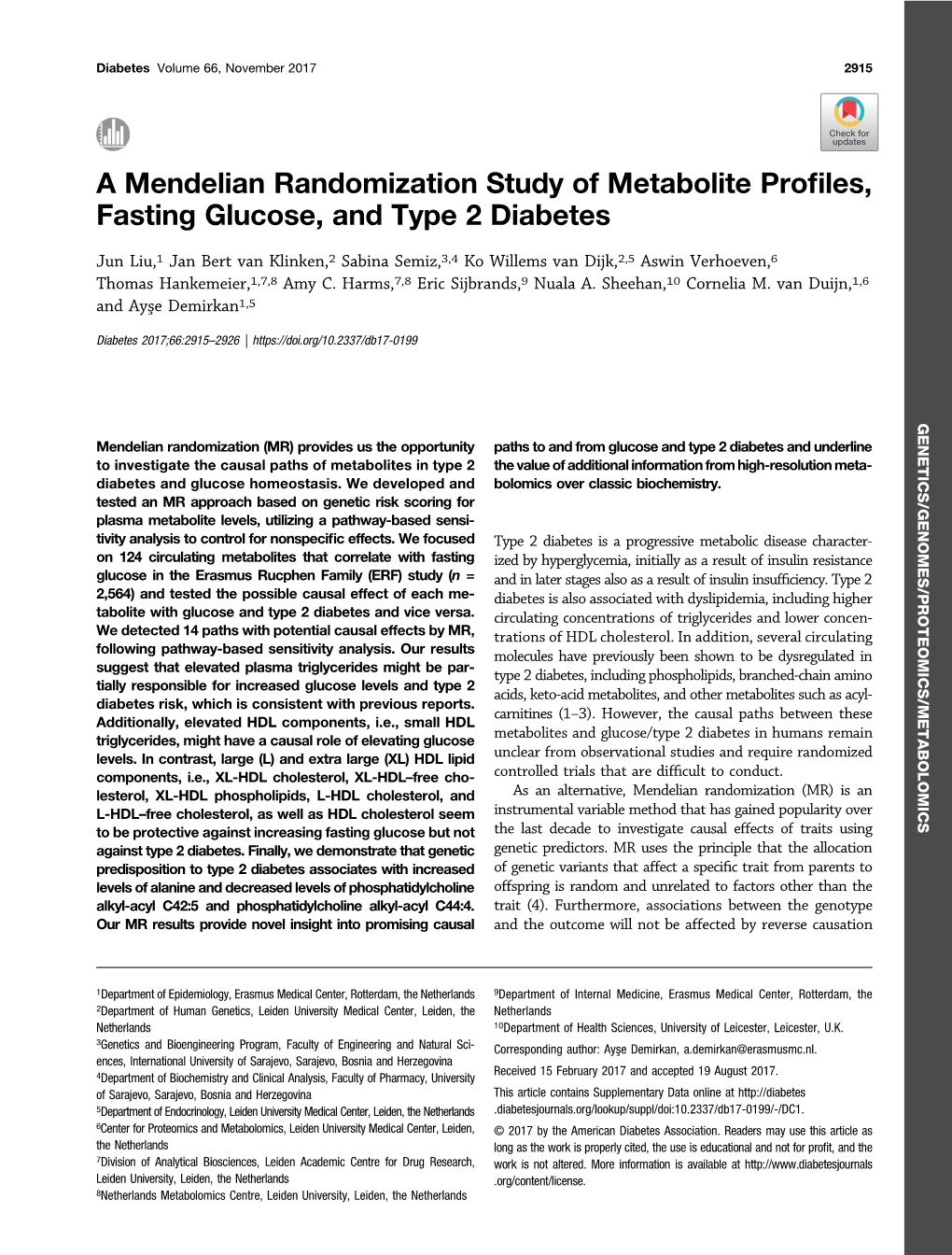 A Mendelian Randomization Study of Metabolite Profiles, Fasting Glucose