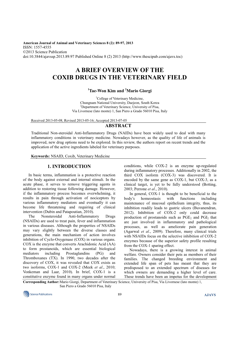 A Brief Overview of the Coxib Drugs in the Veterinary Field