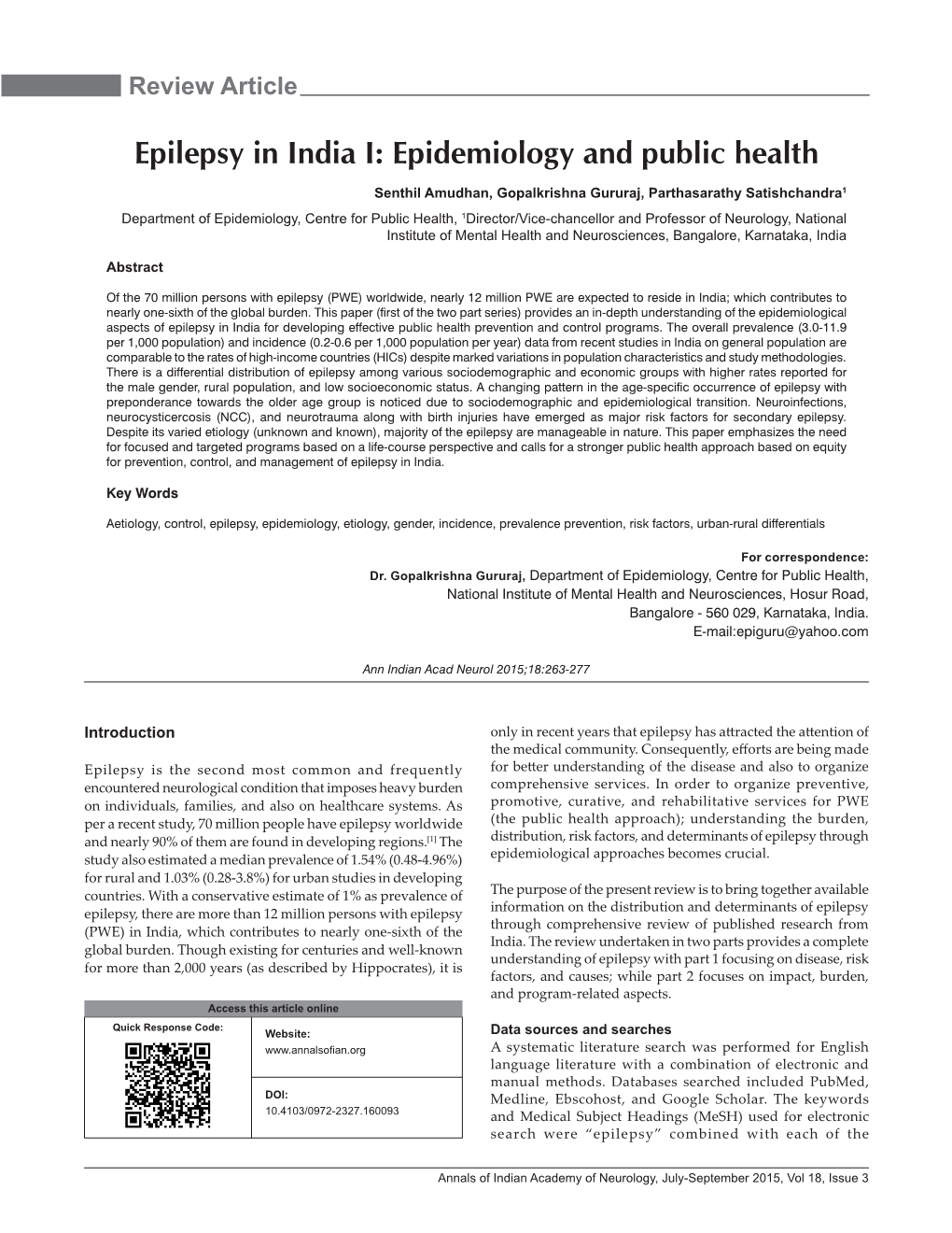 Epilepsy in India I: Epidemiology and Public Health