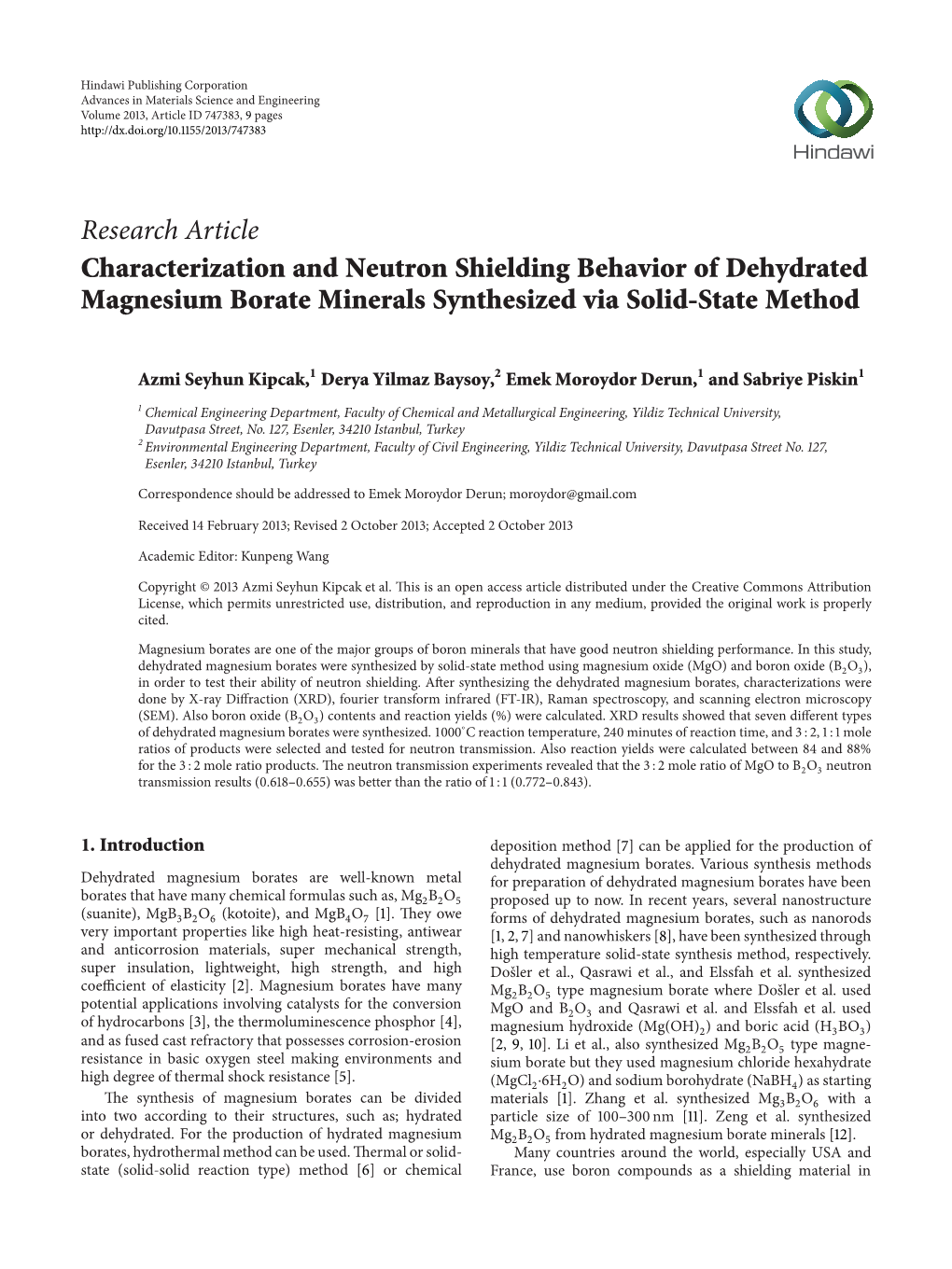 Characterization and Neutron Shielding Behavior of Dehydrated Magnesium Borate Minerals Synthesized Via Solid-State Method