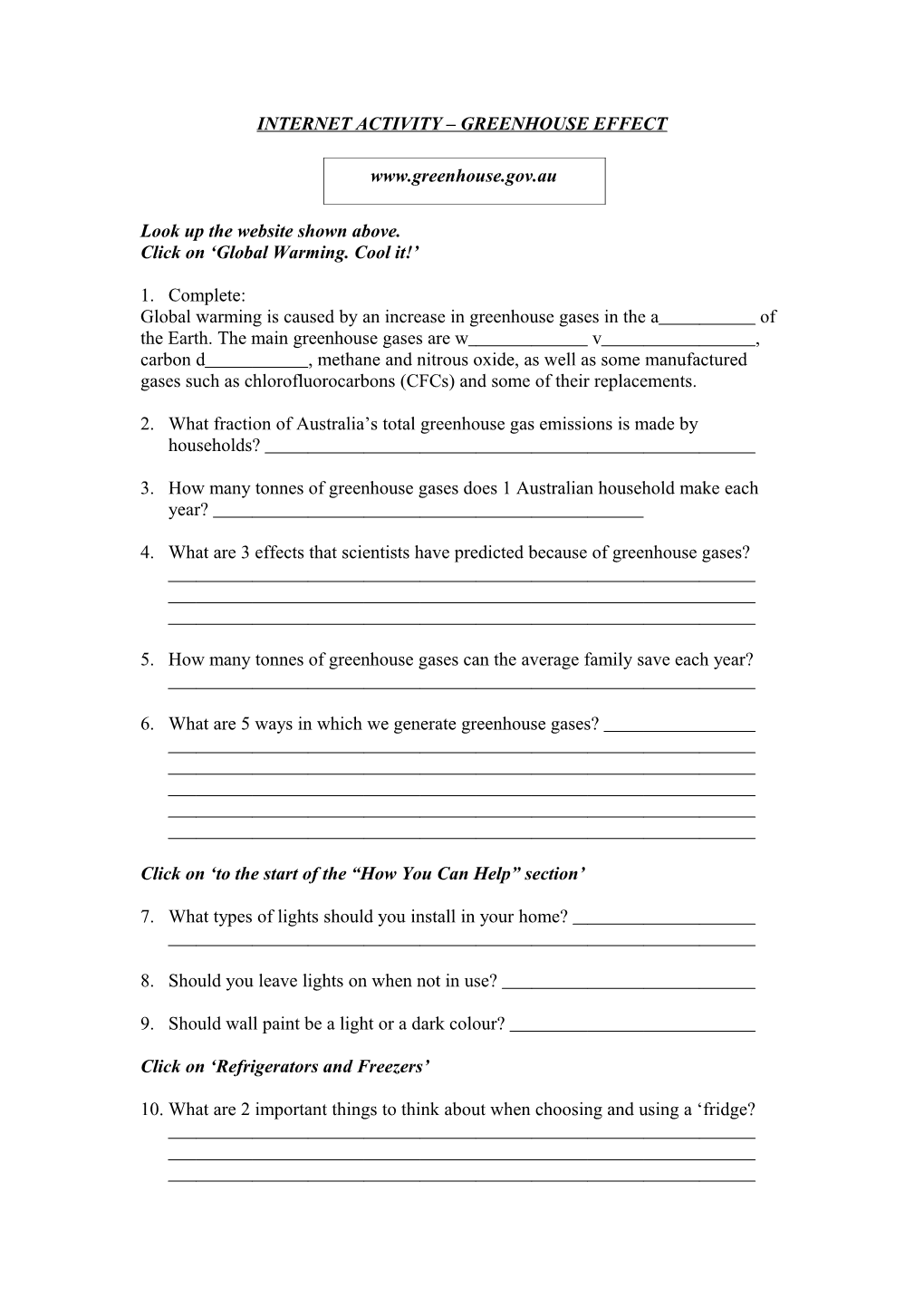 Greenhouse Effect Worksheet