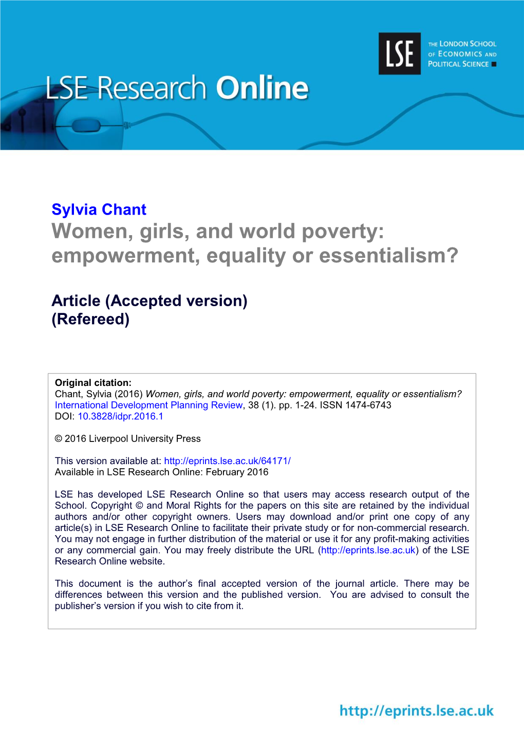 Women, Girls, and World Poverty: Empowerment, Equality Or Essentialism?