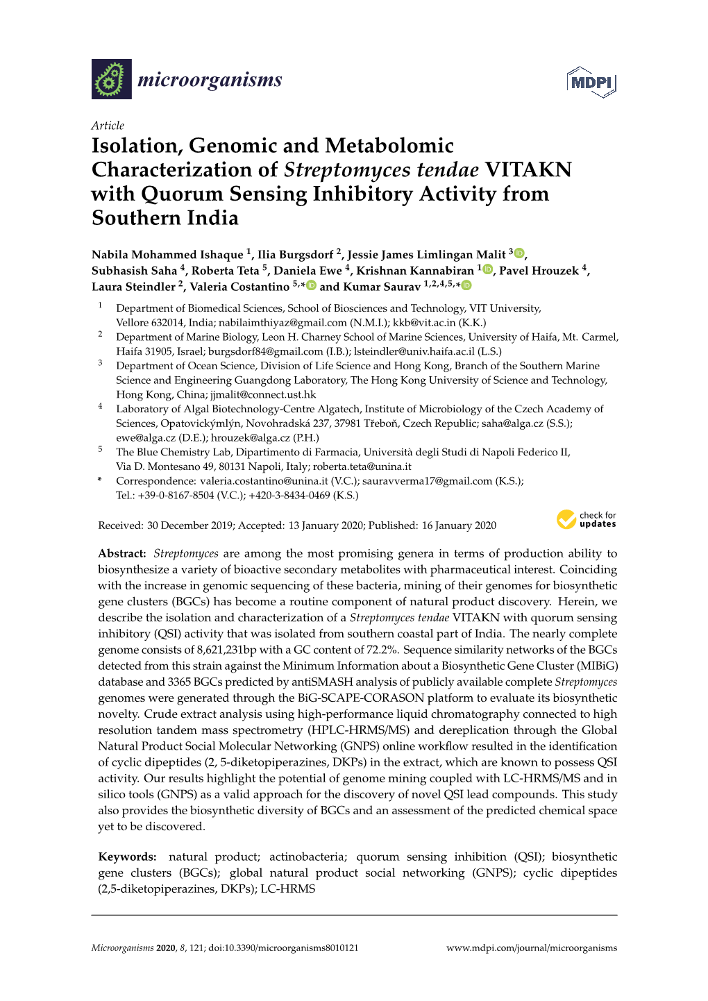 Isolation, Genomic and Metabolomic Characterization of Streptomyces Tendae VITAKN with Quorum Sensing Inhibitory Activity from Southern India