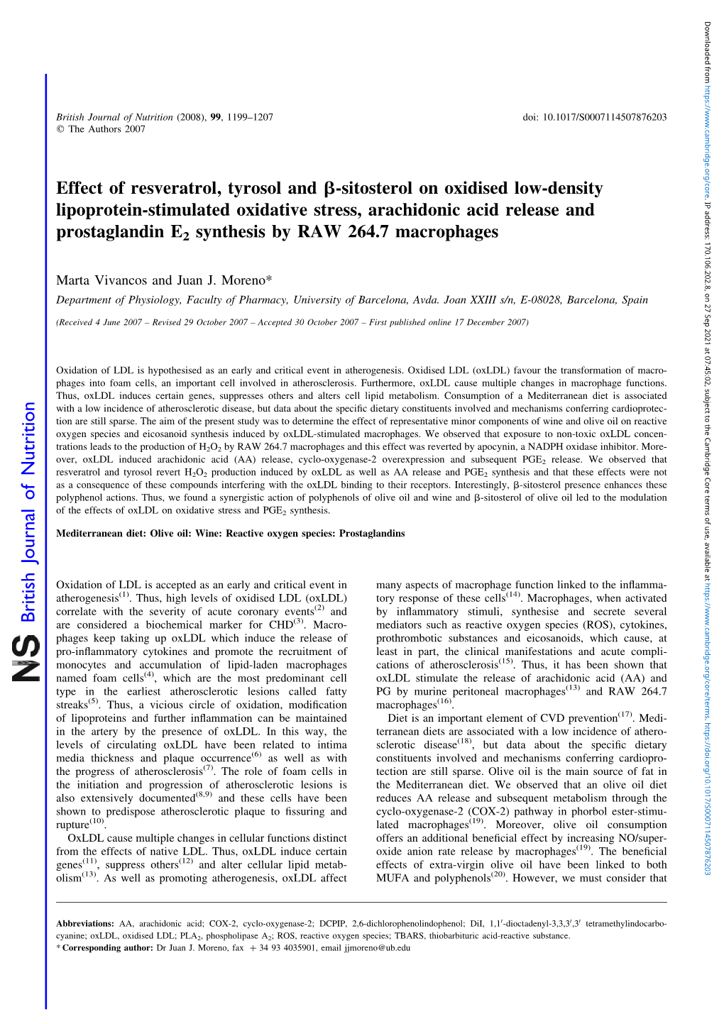 Effect of Resveratrol, Tyrosol and Β-Sitosterol on Oxidised Low-Density Lipoprotein-Stimulated Oxidative Stress, Arachidonic Ac