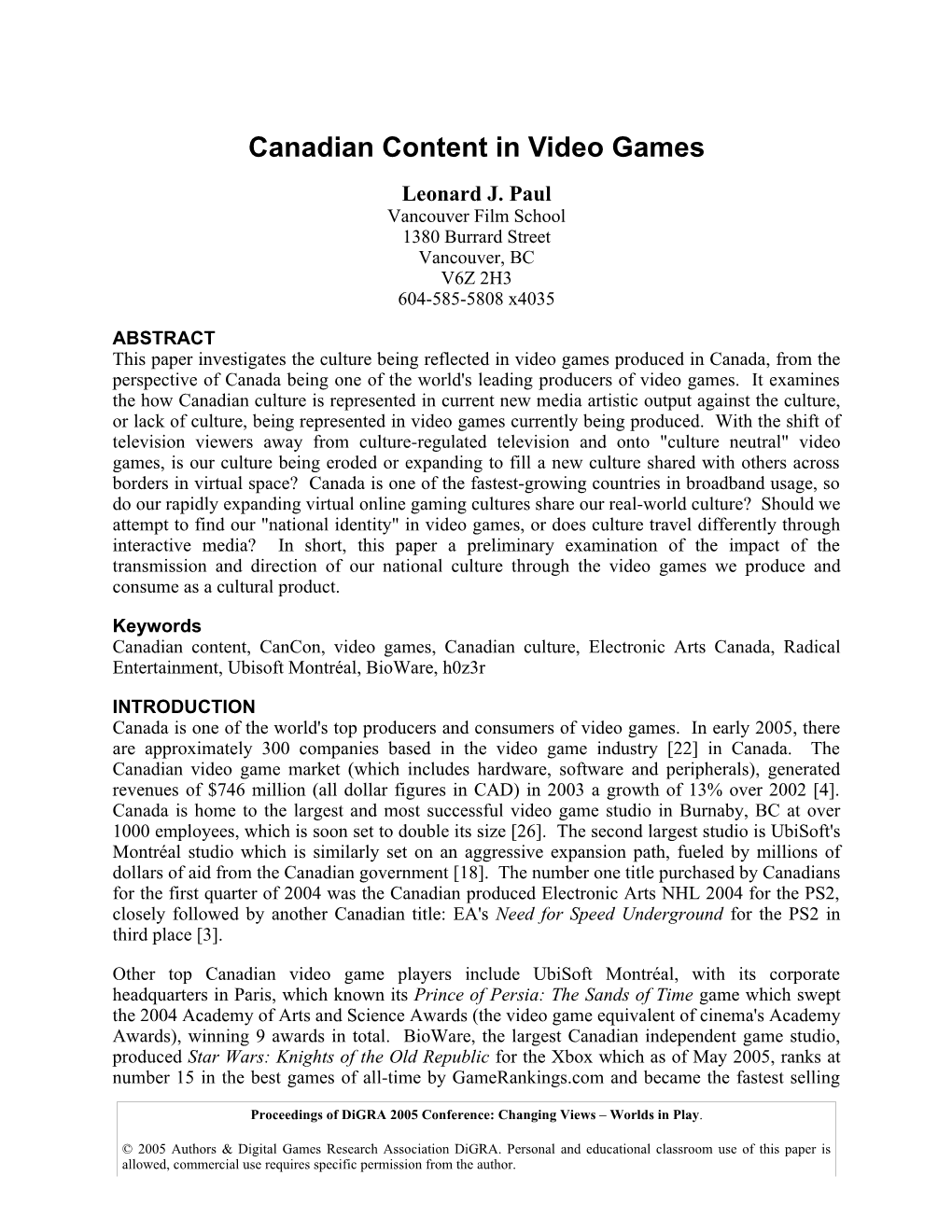 Canadian Content in Video Games Leonard J