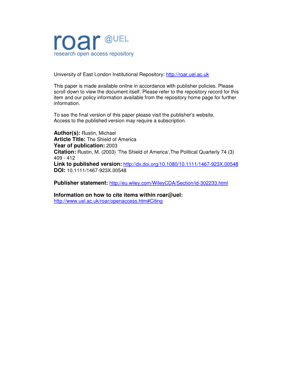 Year of Publication: 2003 Information on How to Cite Items Within Roar@Uel