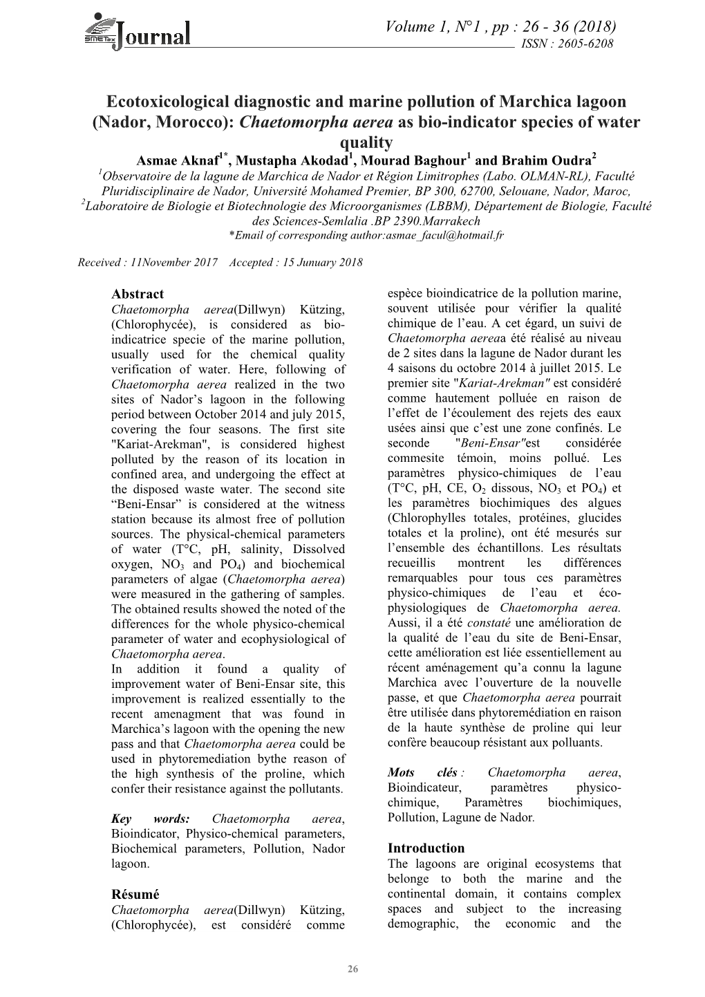 (Nador, Morocco): Chaetomorpha Aerea As Bio-Indicator Specie