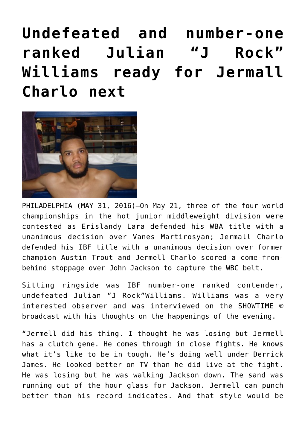 Williams Ready for Jermall Charlo Next