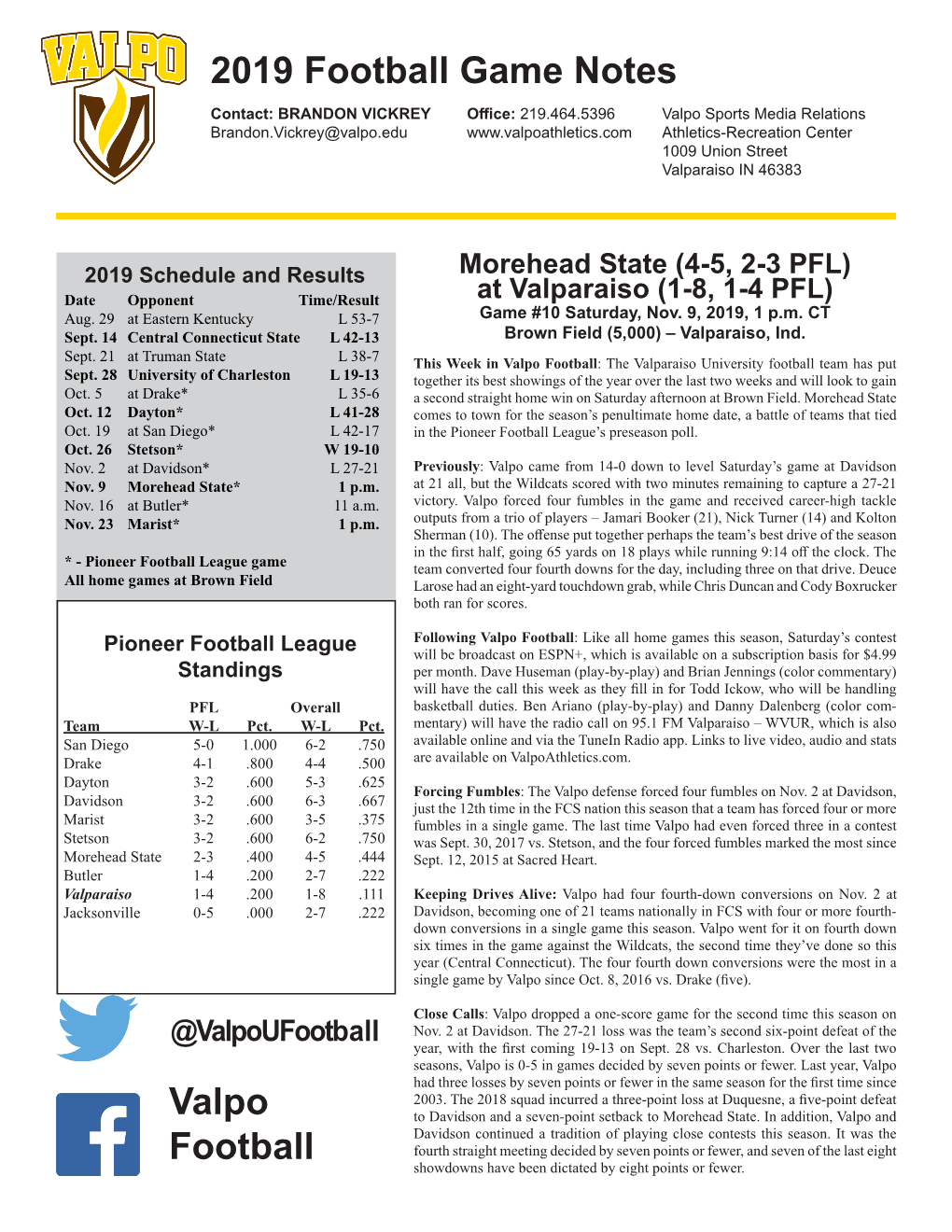 2019 Football Game Notes Valpo Football