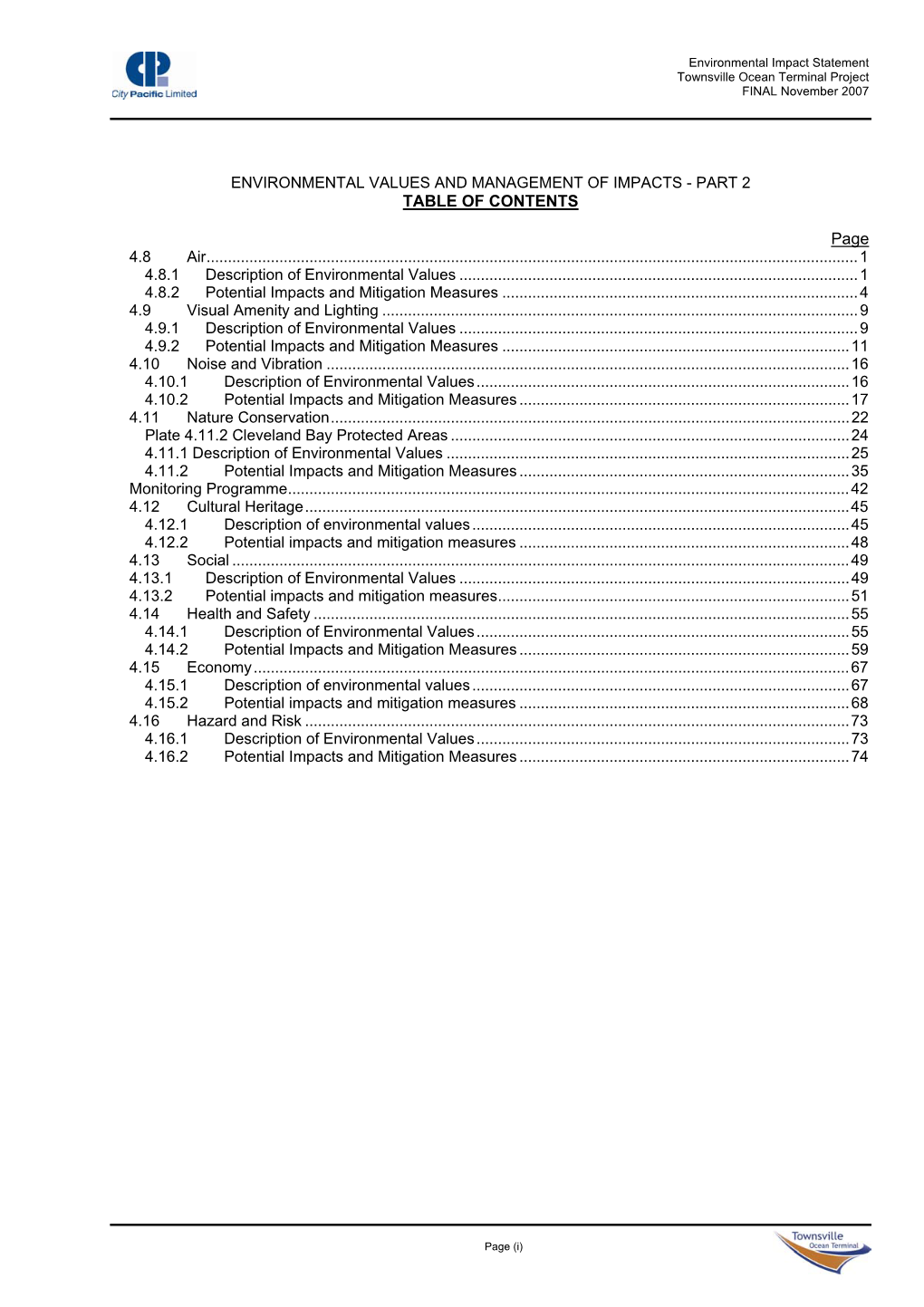 Environmental Values and Management of Impacts - Part 2 Table of Contents