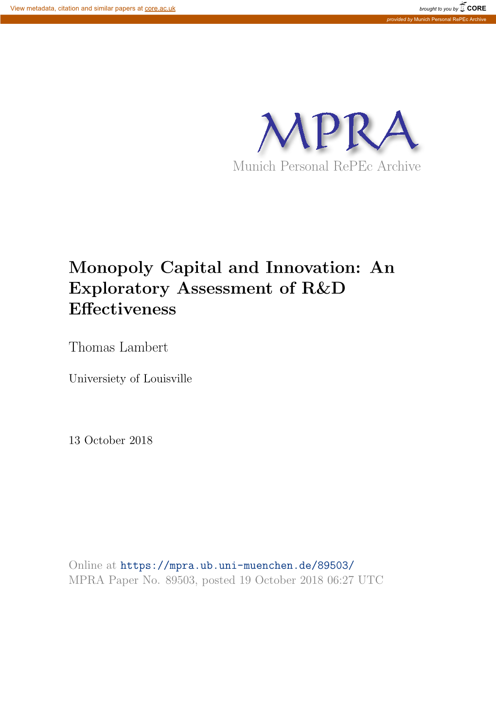 Monopoly Capital and Innovation: an Exploratory Assessment of R&D