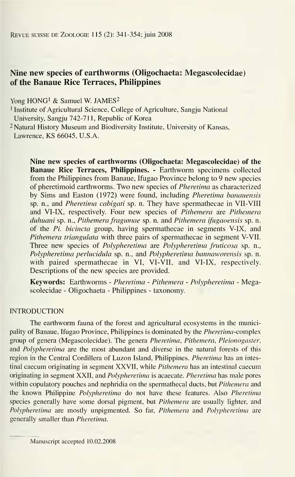 Nine New Species of Earthworms (Oligochaeta: Megascolecidae) of the Banaue Rice Terraces, Philippines