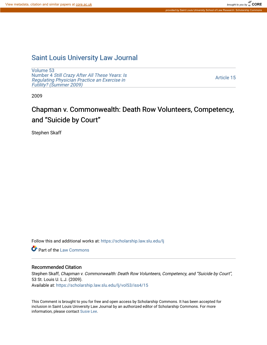 Chapman V. Commonwealth: Death Row Volunteers, Competency, and “Suicide by Court”