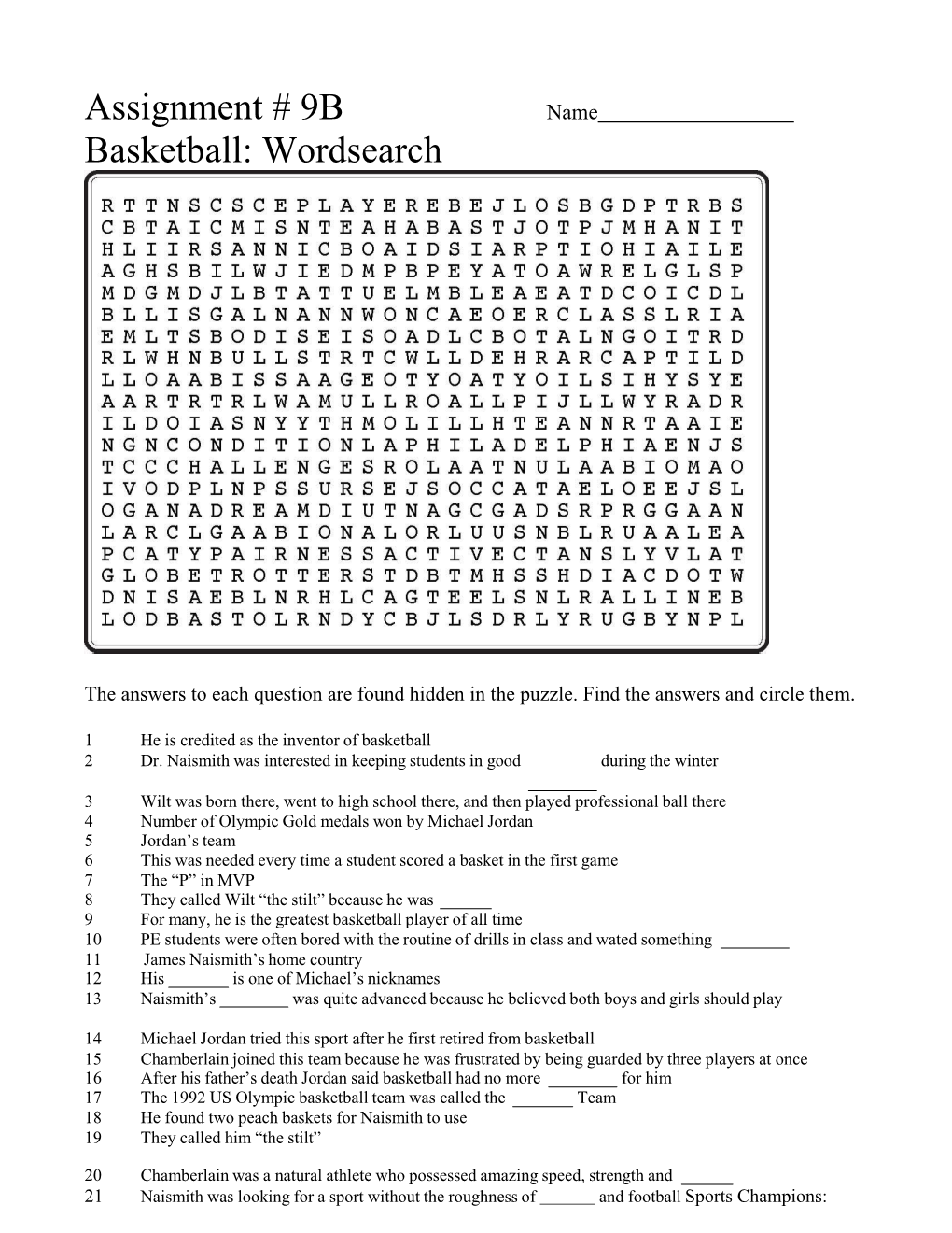 Assignment # 9B Basketball: Wordsearch