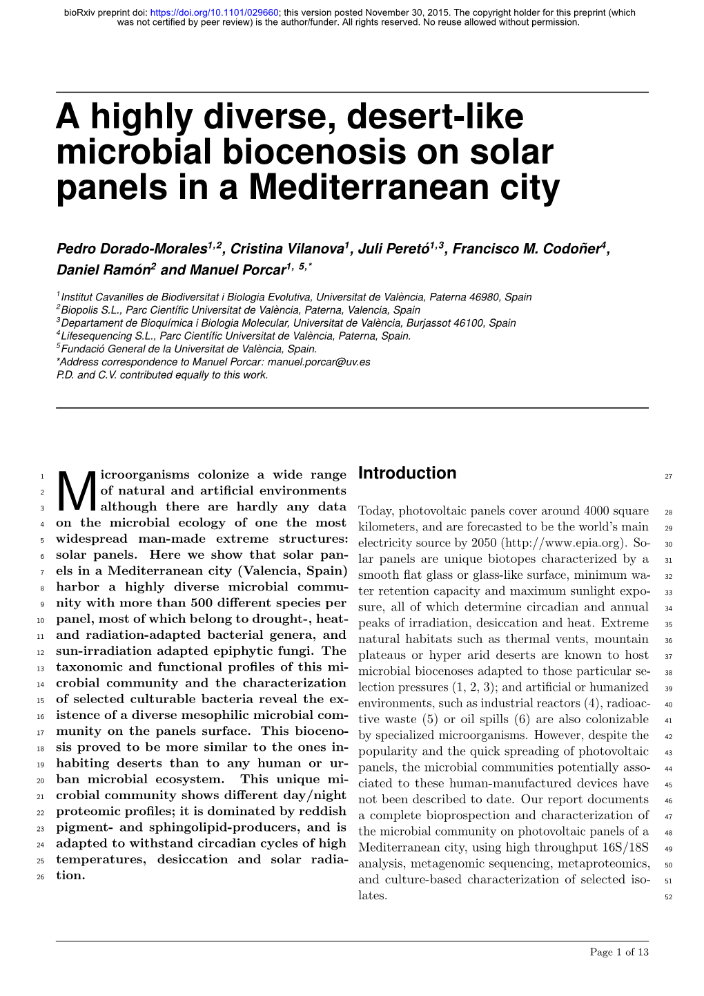 A Highly Diverse, Desert-Like Microbial Biocenosis on Solar Panels in a Mediterranean City