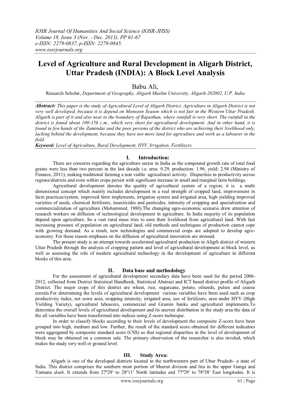 Level of Agriculture and Rural Development in Aligarh District, Uttar Pradesh (INDIA): a Block Level Analysis