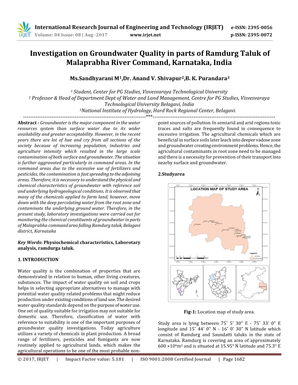 Investigation on Groundwater Quality in Parts of Ramdurg Taluk of Malaprabha River Command, Karnataka, India