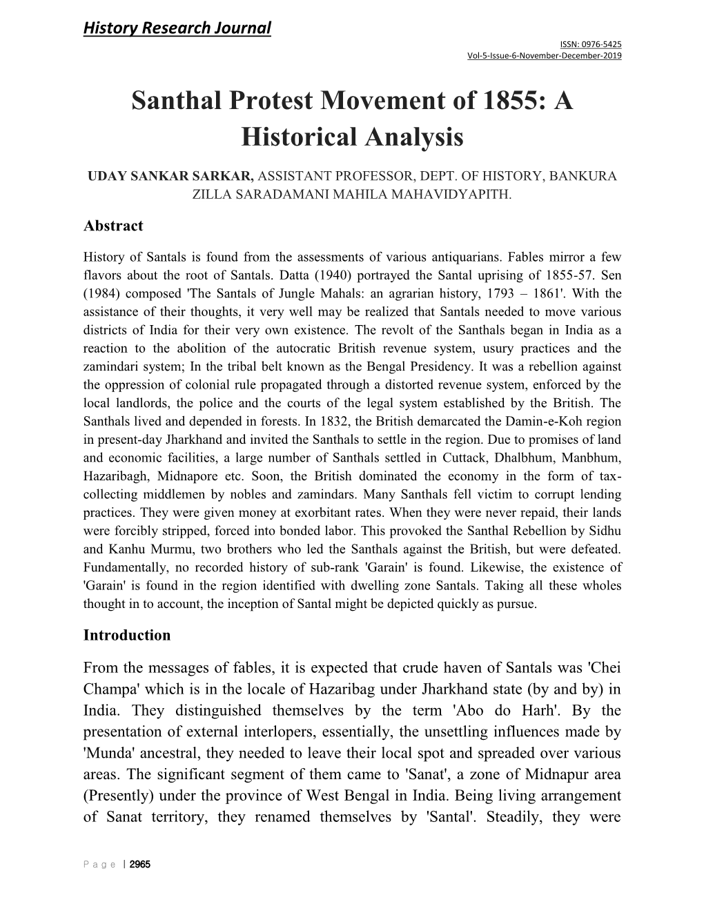 Santhal Protest Movement of 1855: a Historical Analysis