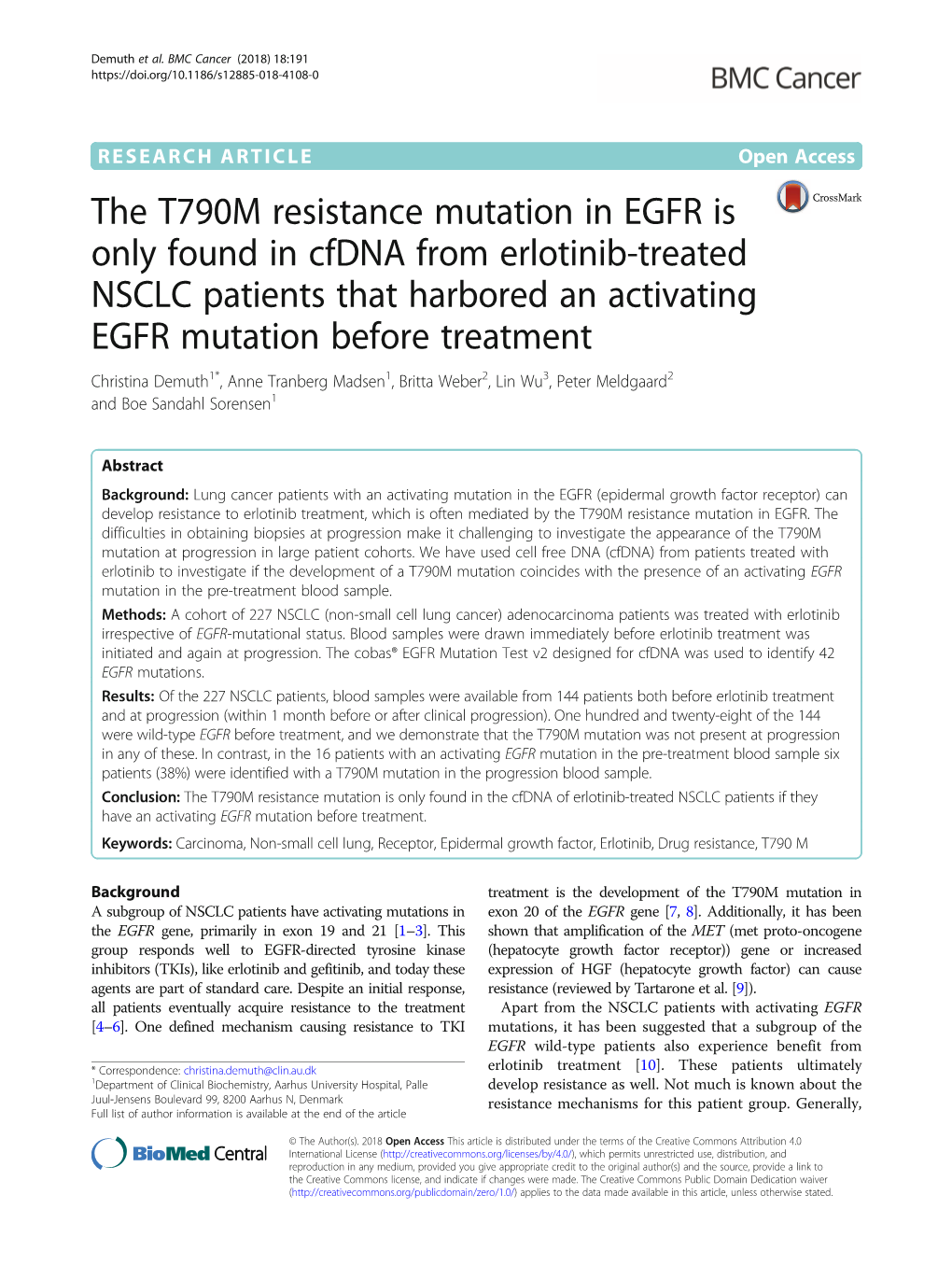 The T790M Resistance Mutation in EGFR Is Only Found in Cfdna From