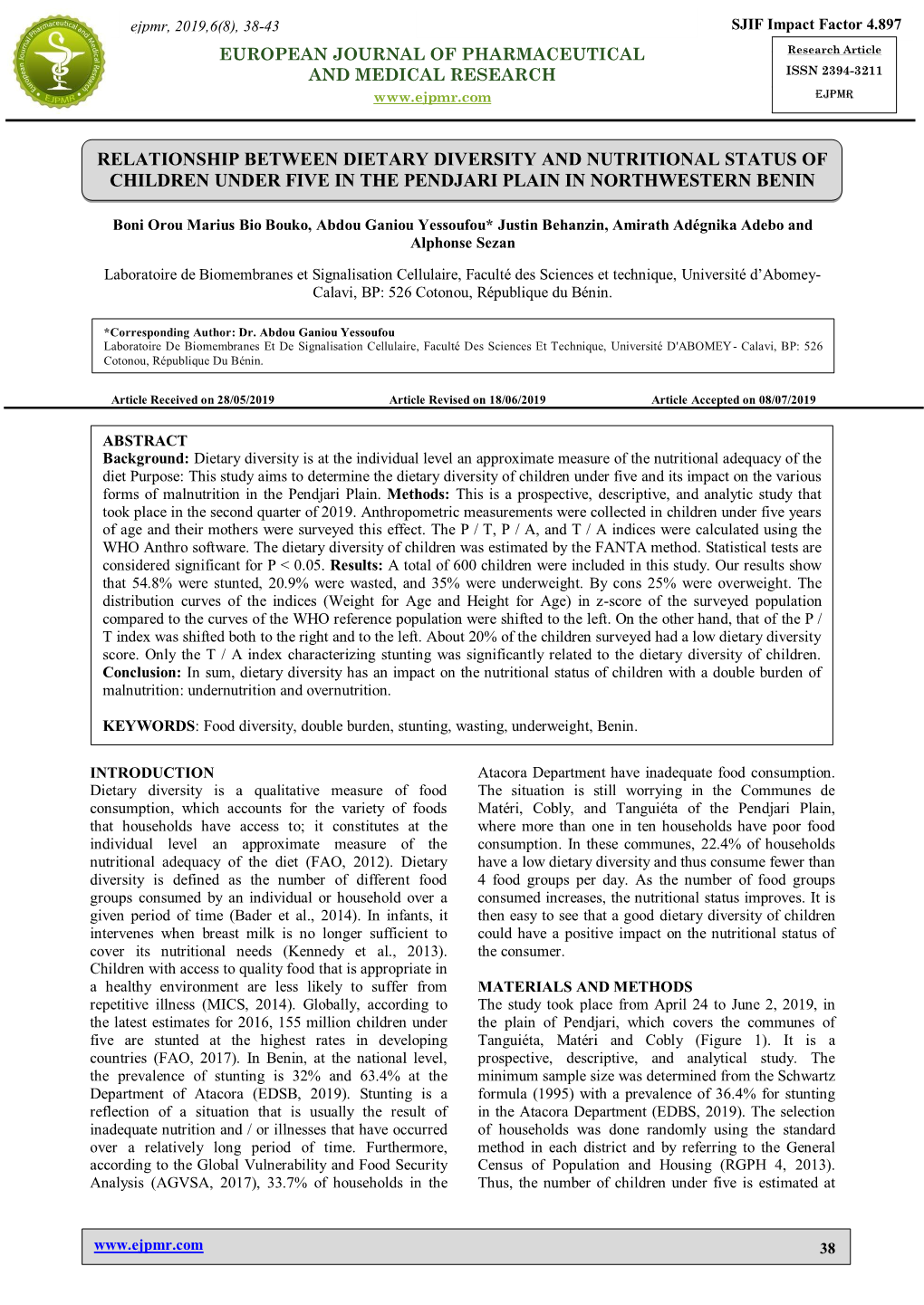 Relationship Between Dietary Diversity and Nutritional Status of Children Under Five in the Pendjari Plain in Northwestern Benin