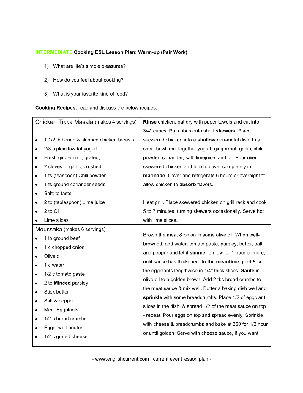 INTERMEDIATE Cooking ESL Lesson Plan: Warm-Up (Pair Work)