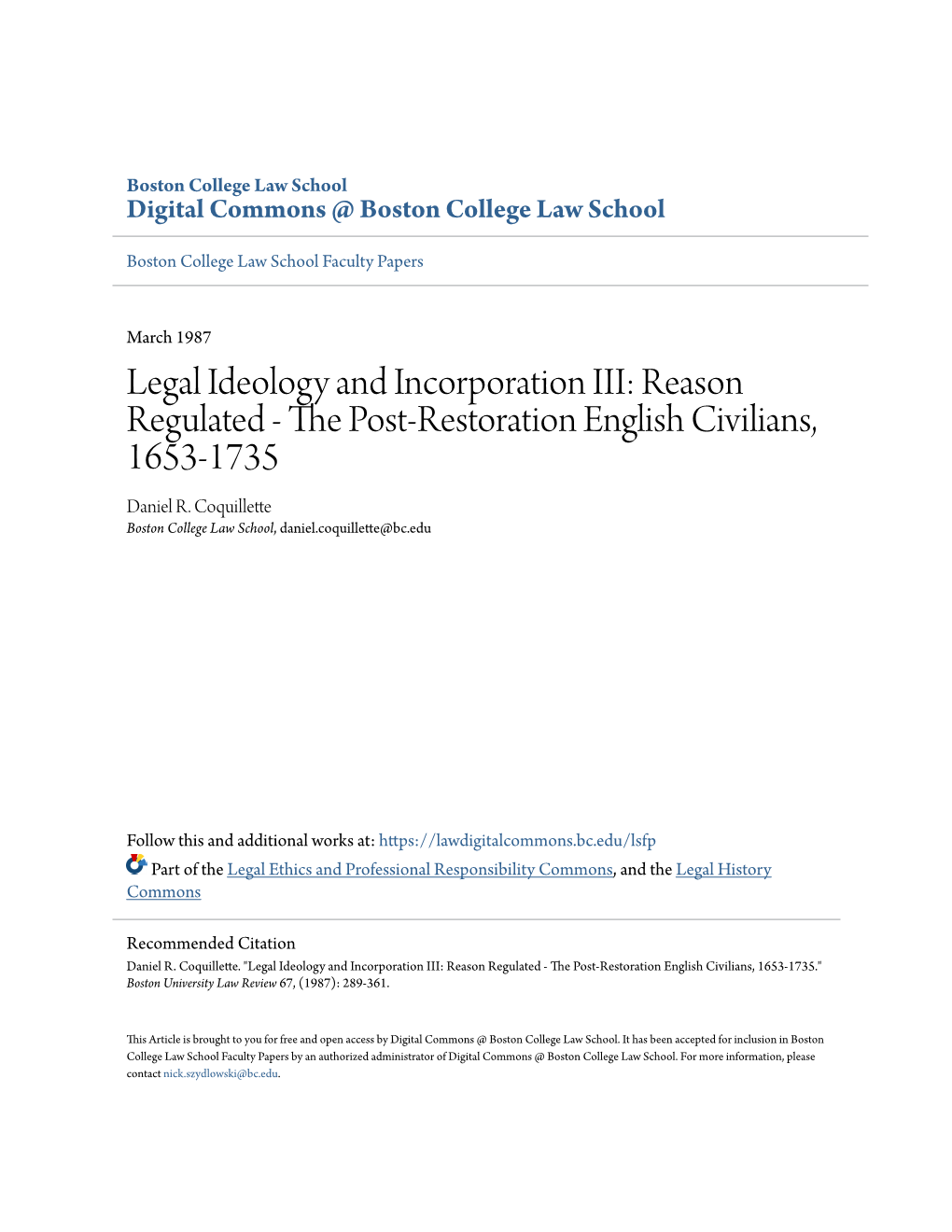 Legal Ideology and Incorporation III: Reason Regulated - the Op St-Restoration English Civilians, 1653-1735 Daniel R