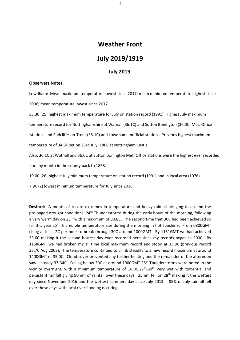Weather Front July 2019/1919