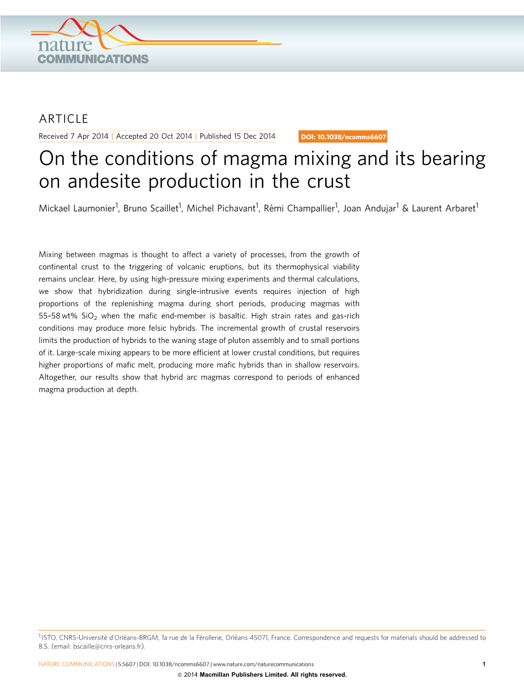 On the Conditions of Magma Mixing and Its Bearing on Andesite Production in the Crust